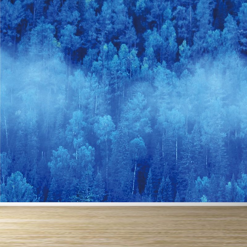 Extra Large Forest Mural Decal for Bathroom Floral Print Wall Covering in Blue, Water Resistant