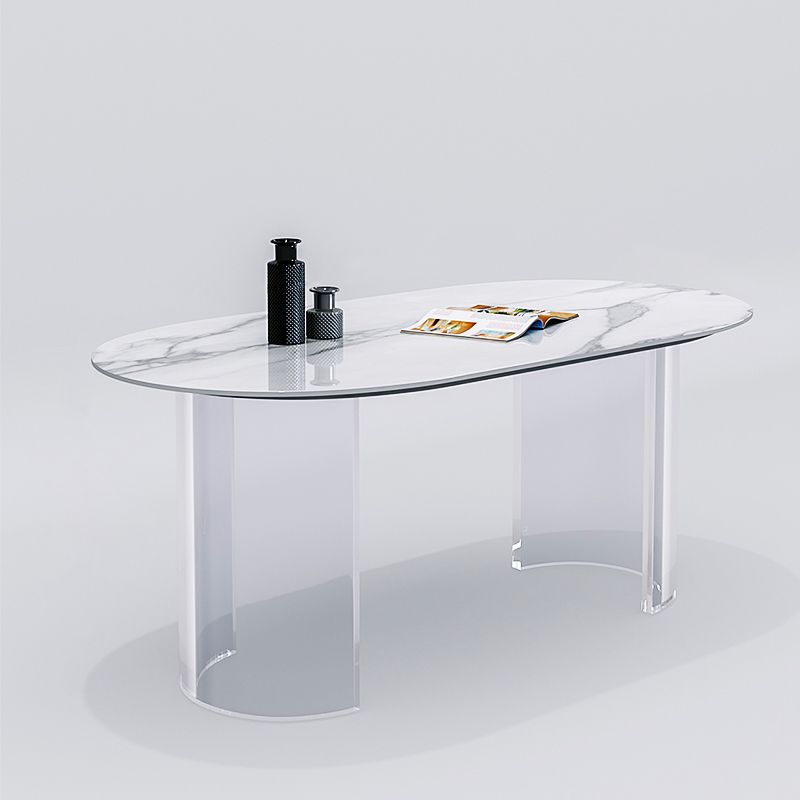 Sintered Stone Top Dining Table Modern White Table with Acrylic Double Pedestal