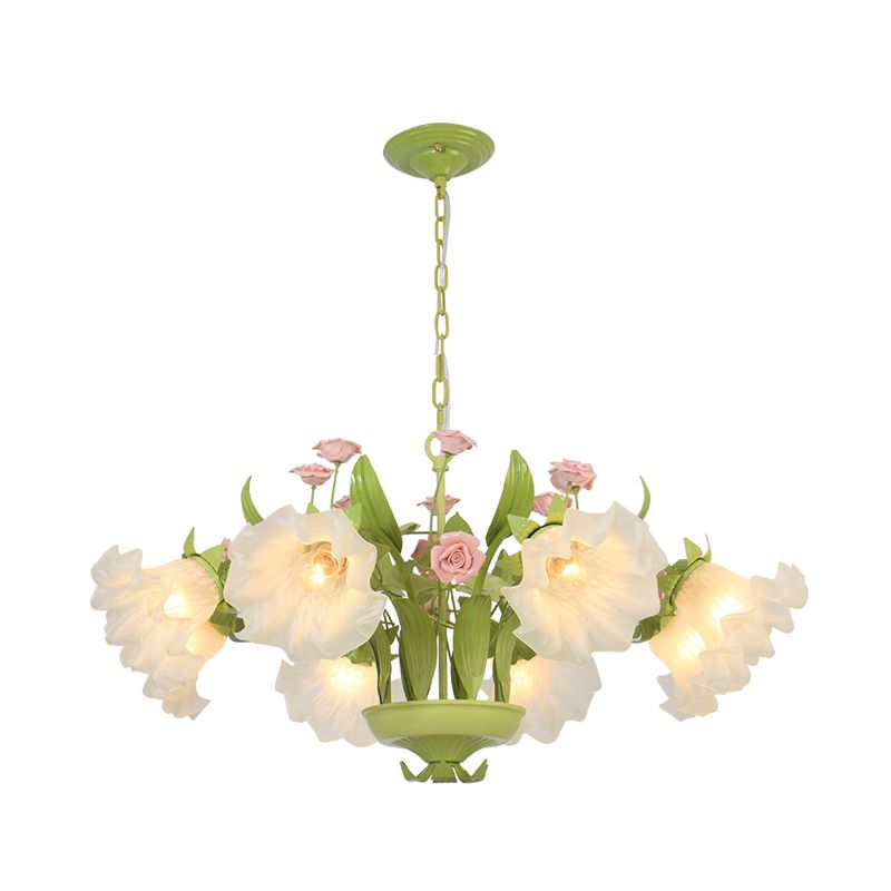 Countryside Flower Hanging Pendant 6/8 Heads Opal Glass Chandelier Lighting Fixture in Green for Bedroom
