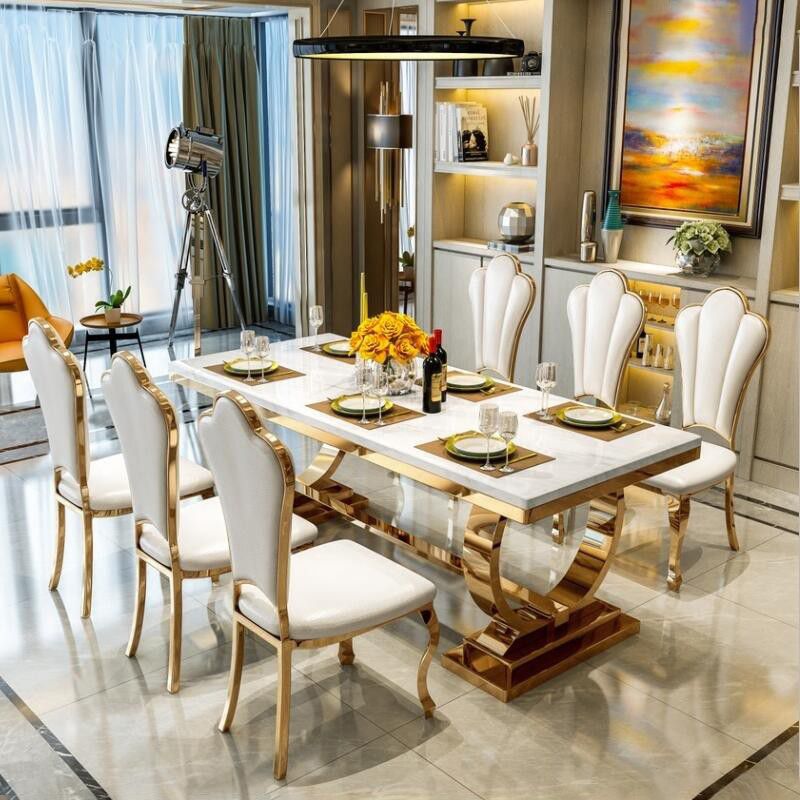 Mesa de comedor de mármol de lujo tradicional mesa rectangular con base de metal dorado