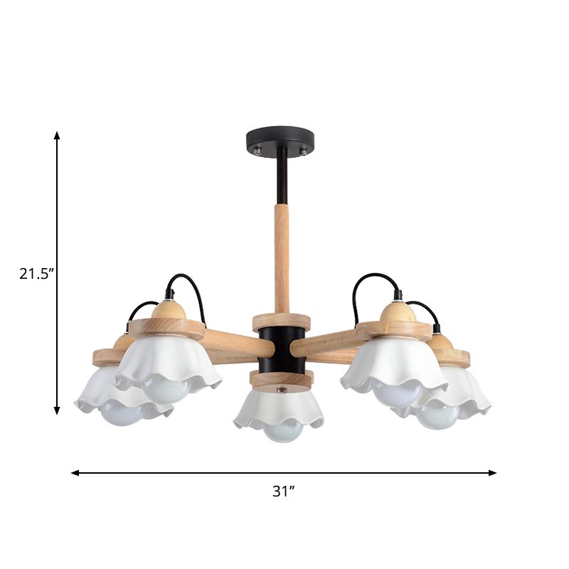 White Scalloped Shade Chandelier Multi-Light Nordic Wooden Drop Ceiling Light for Living Room