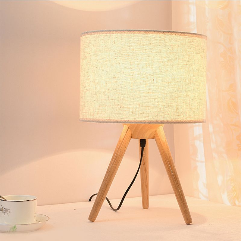 Lampe de lecture à LED en tissu d'éclairage de tâche de cylindre contemporain avec trépied en bois