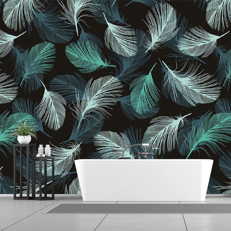 Contemporary Feathers Wall Mural Decal in Green-White Bedroom Wall Decor, Full Size
