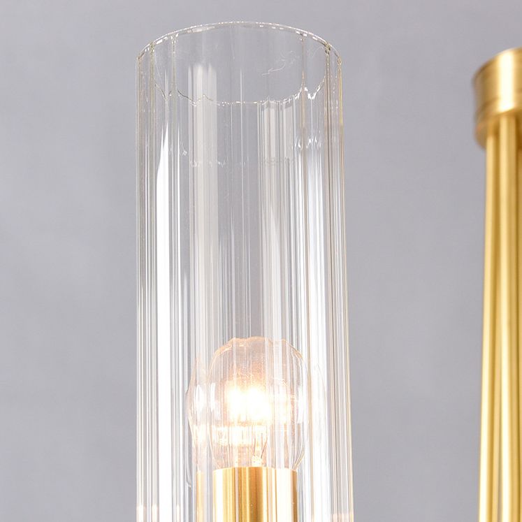 Postmoderne Metallhänge Kronleuchter Licht Zylinder klarer Glasschatten Deckenkronleuchter in Gold für Wohnzimmer
