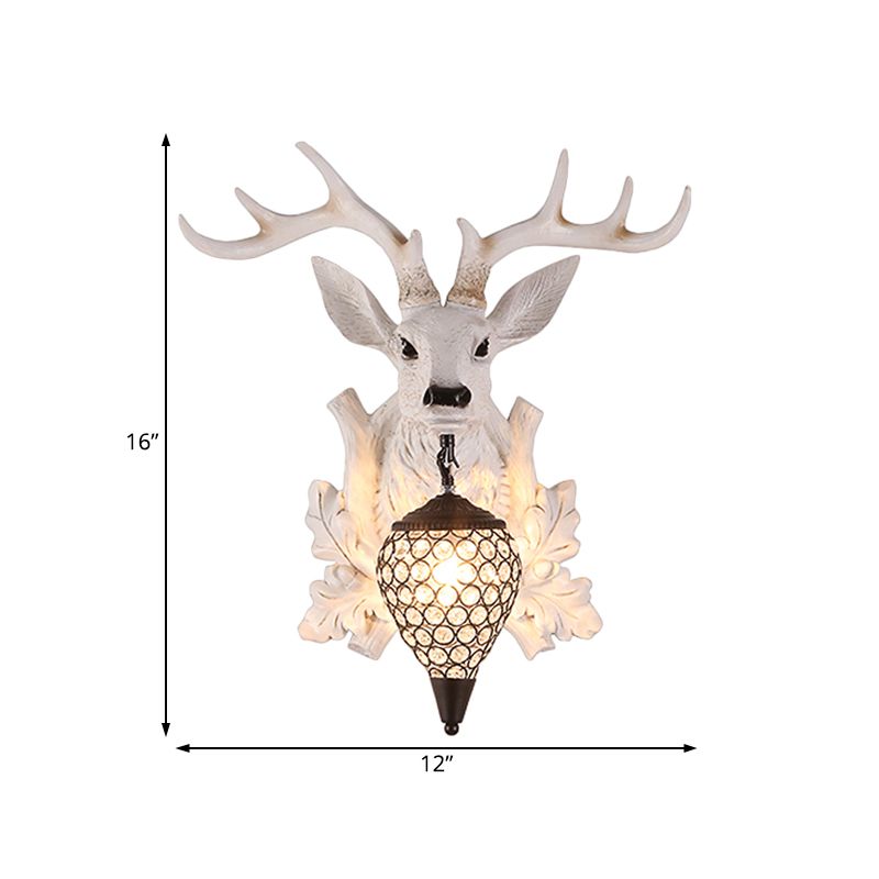 White Elk Wall Light Sconce Rural Resin 12"/20"/28" Wide Single Indoor Lighting Fixture with Drop Crystal Shade