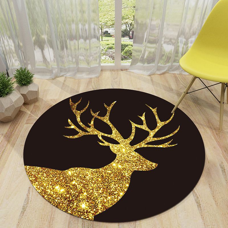 Round Black Tone Bedroom Carpet Bionic Animals Printed Area Rug Polyester with Stain Resistant Rug