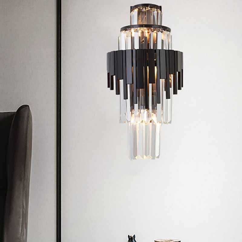 Funzione illuminazione a più livelli di fonce in stile moderno cristallo trasparente e metallo a 3 teste lampada a parete nera, altezza 14 "/19.5"