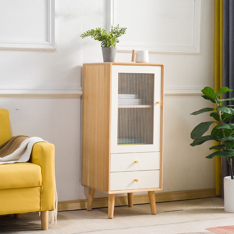 Modern Glass Paned Accent Cabinet 1-Door Solid Wood Chest with 2 Drawers