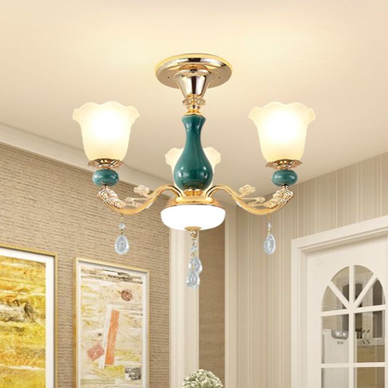 3/6 bulbes de suspension lampe à fleurs classiques en verre opal en verre pendant en verre avec un bras à baldarie en vert pour le salon