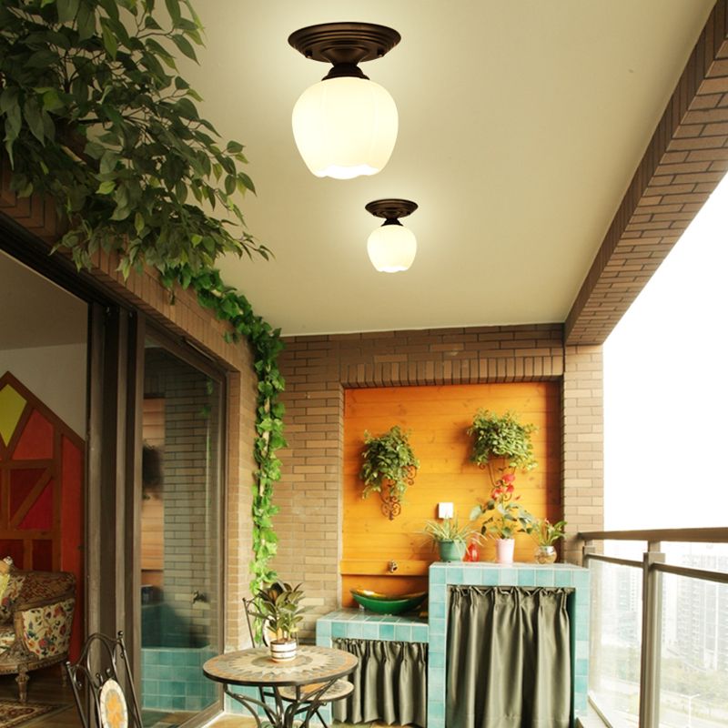 Glass Shaded Close to Ceiling Lamp Simplistic Aisle Semi-Flush Mount in Black