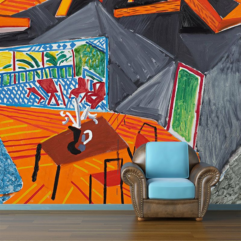 Grey-Orange Artistic Wallpaper Mural Whole Apartment Interior Drawing Wall Covering for Bedroom