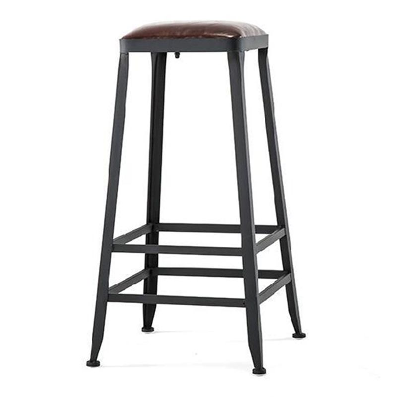 Industrial Brown Leather Bar Stools Square Stool with Metal Base