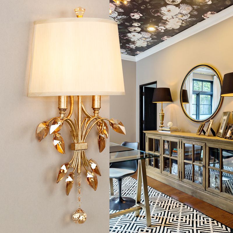 Metal Brass Sconce Lamp Branch 1-Light Vintage Wall Mounted Lighting for Bedroom with Trapezoid Fabric Shade