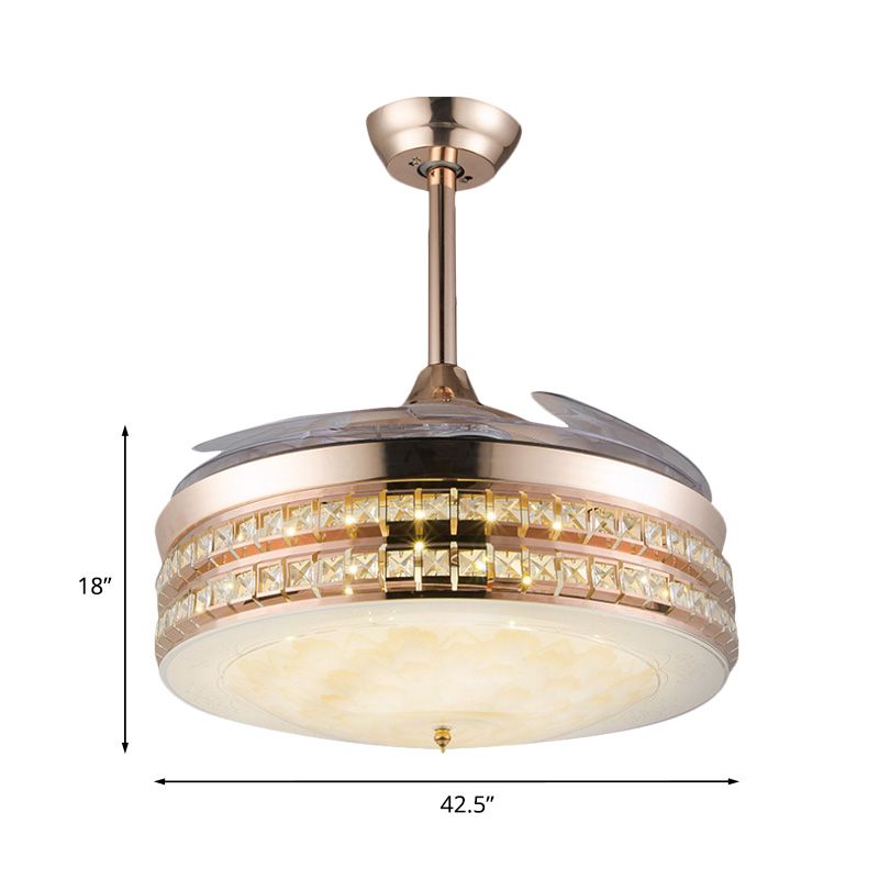 Ventilador de techo de montaje de lavado de 3 cuchillas LED Semi de dormitorio simple con tono de incrustación de cristal de tambor en oro, 42.5 "de ancho