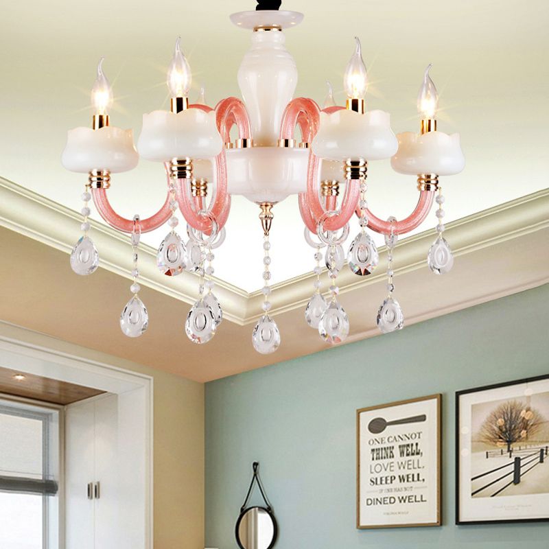 Lámpara colgante de cristal de vela retro de araña colgante de 6 luces en blanco y rosa para dormitorio