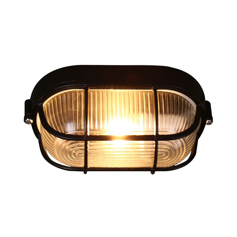 1 Bulb Half-Capsule Mini Flush Light Farmhouse Black Ribbed Glass Ceiling Lamp with Wire Cage