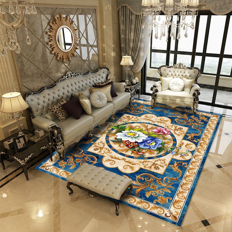 European Flower Pattern Carpet Polyester Area Rug Non-Slip Backing Area Rug for Living Room