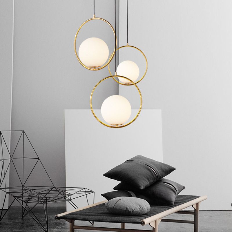 Gold 1 Light Round Metal Pendant Light Contemporary Opal Frosted Glass Shade Bedroom Hanging Lamp