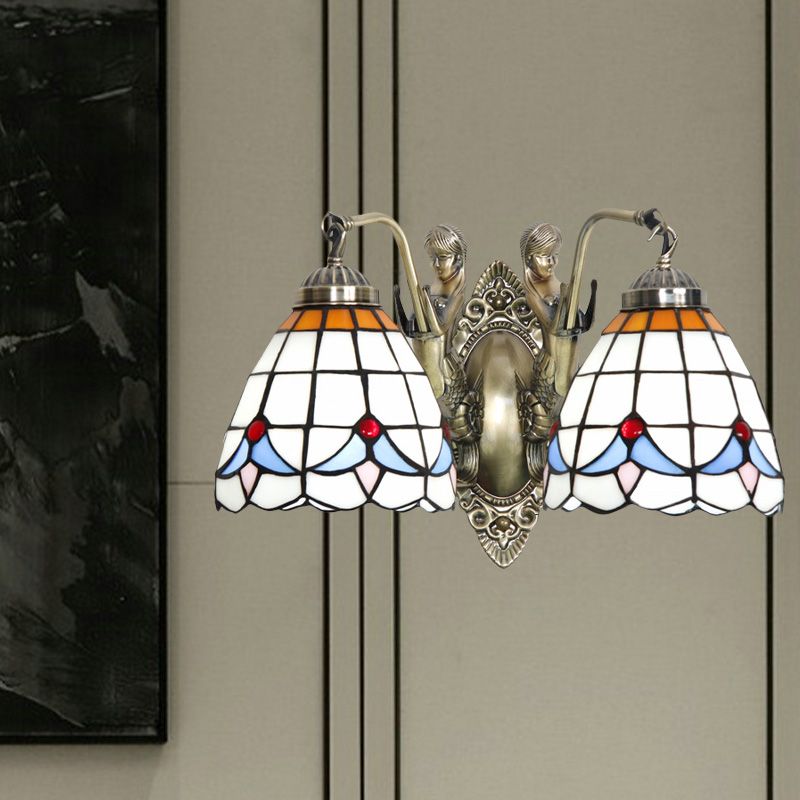 Mermaid Metal Wall Light Baroque 2-Head White/Blue Sconce with Domed Stained Art Glass Shade