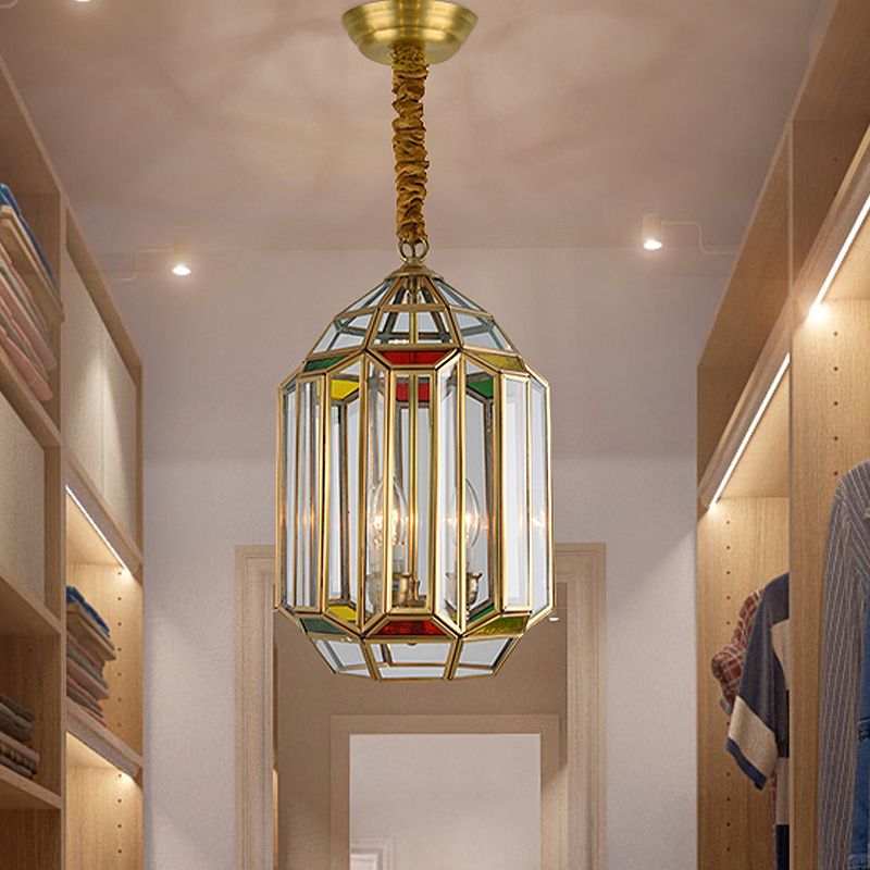 Gold 3 cabezas de lámpara de araña colonialismo linterna de metal luz colgante de techo con sombra de vidrio transparente