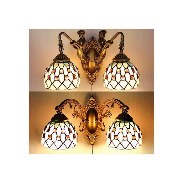 2 Heads Sconce Lighting Tiffany Curve Arm/Mermaid Beige Glass Wall Mount Light with Pull Chain Switch
