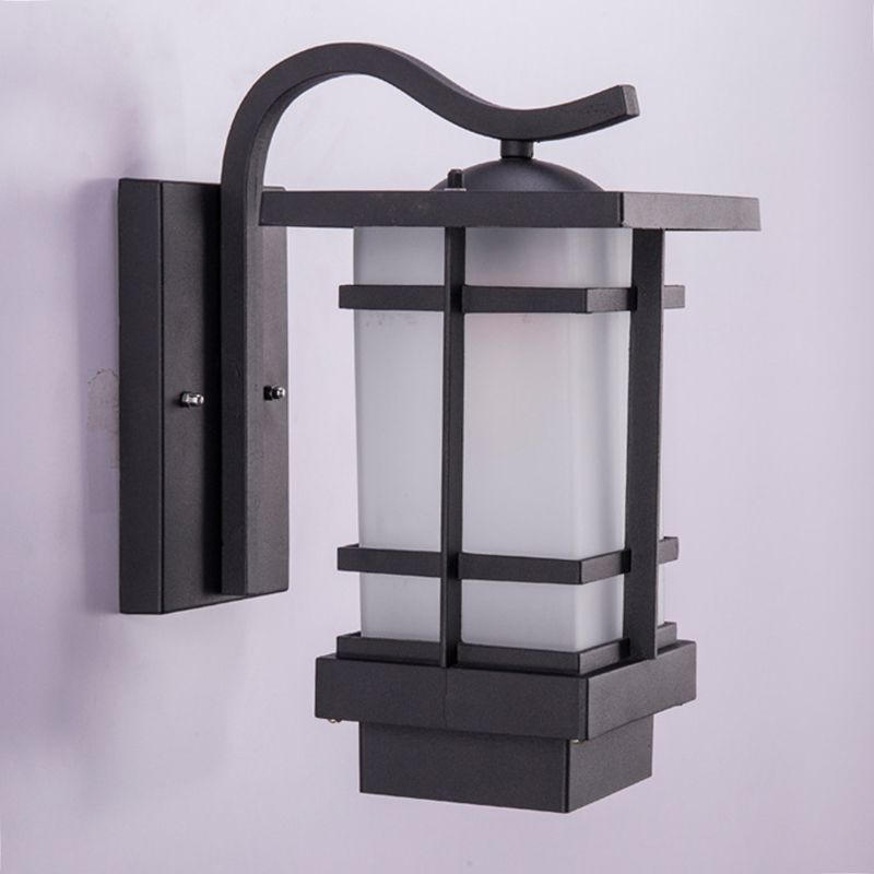 Black Retro Metallic Wall Sconce with Gooseneck Arm Rectangle Milk White Shade Waterproof Wall Lamp