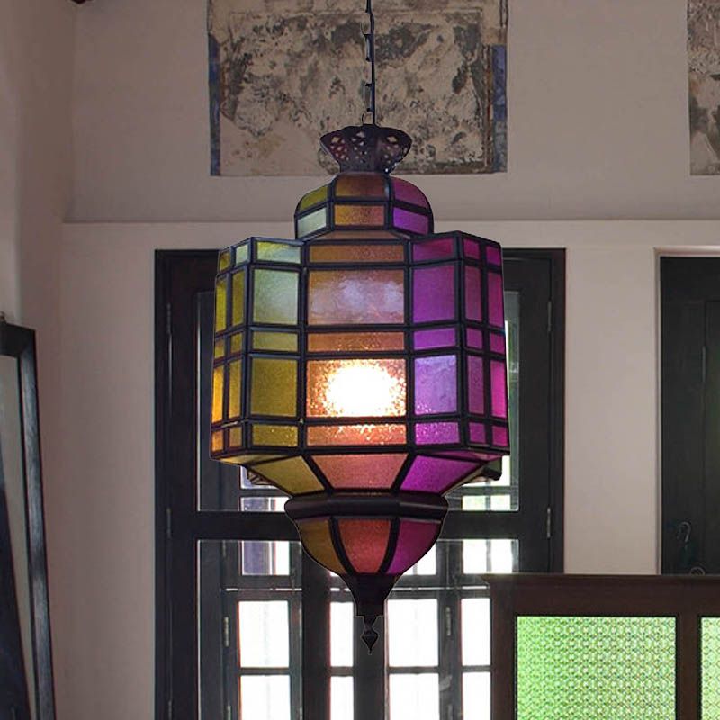 Lantern Restaurant Ceiling Light Antiqued Metal 1 Head Purple Suspension Hanging Lamp