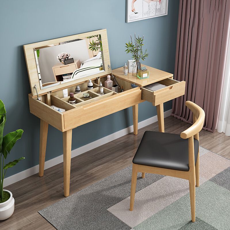 Scandinavian Solid Wood Vanity Makeup Table Set 1 Drawer Flip-Top Dressing Table