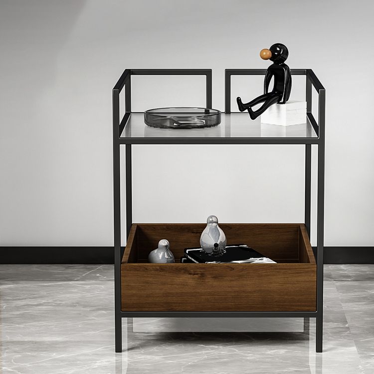 Glass Top Night Table with Shelves Contemporary Metal Nightstand