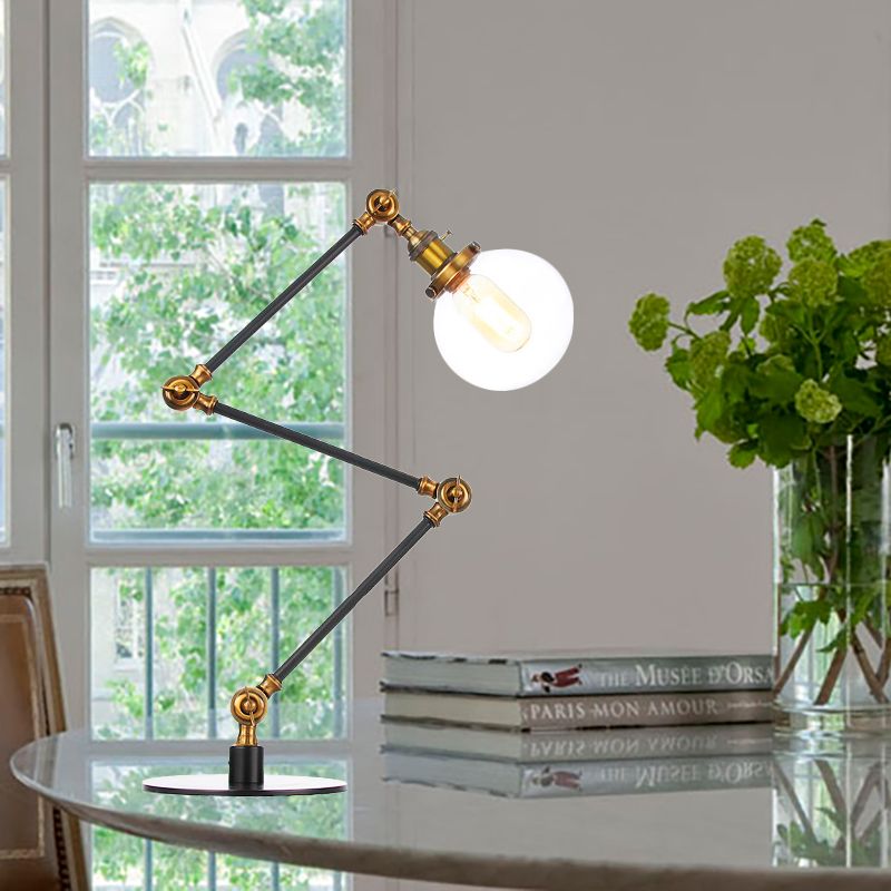 Industrial Global Table Lamp Amber/Clear Glass 1 Light Restaurant Table Light with Adjustable Arm in Black/Brass Finish