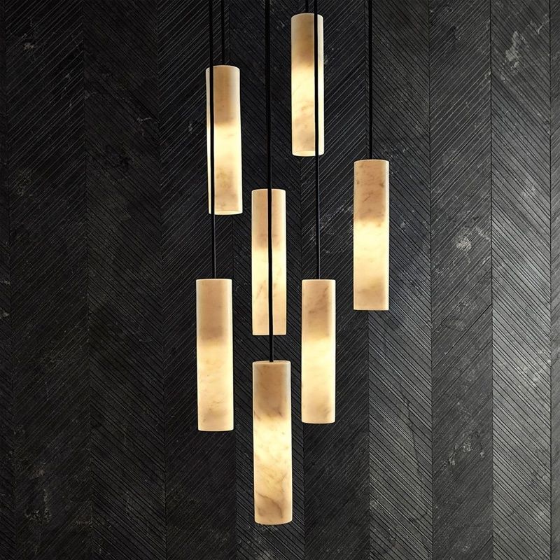 Minimalist Tubular Hanging Light Marble 1-Light Restaurant Pendant Ceiling Lamp in White