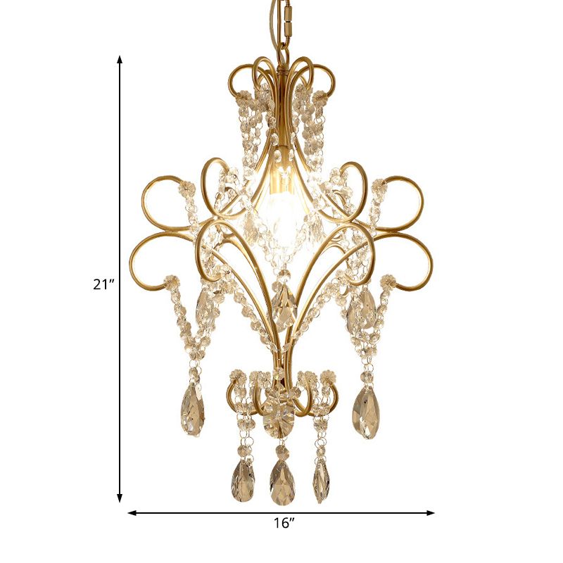Metal Prism Hanging Lamp Retro 1 Bulb Brass Pendant Lighting Fixture with Crystal Teardrop