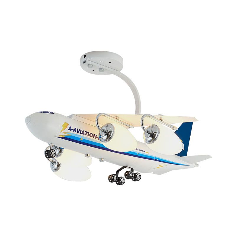 Cartoon Flugzeug halb Flush Metall 4 Köpfe Kinderzimmer Deckenleuchte mit Kugel weißer Glasschatten in Blau
