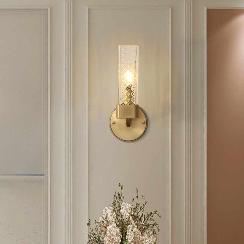 Lattice Glass Cubic Wall Lamp 1 Light Modernism Style Wall Mount Fixture in Brass for Living Room