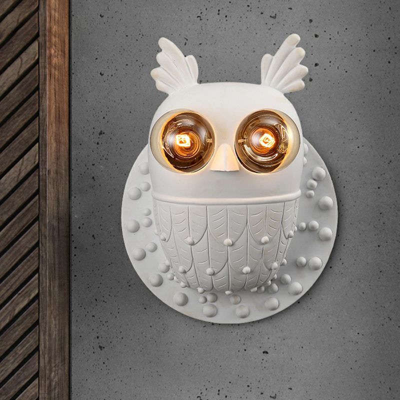 Resin Owl Shaped Wall Lamp Fixture Cartoon 2-Light White Wall Mount Lighting for Aisle