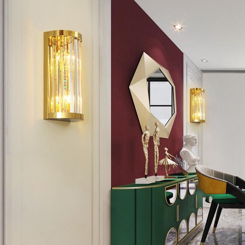 Medio cilindro de montaje en la pared iluminación moderna 2 luces doradas lámpara de pared lámpara de cristal sombra de cristal