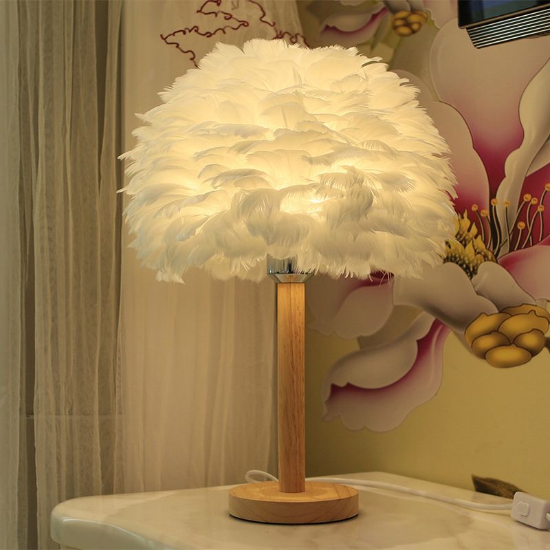 Feather Flower-Like Night Lamp Modern 1-Light Grey/Blue/Burgundy and Wood Table Light for Bedroom