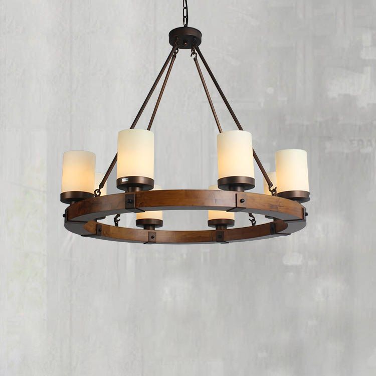 Round Solid Wood Rustic Style Chandelier Cylindrical White Glass Shade Dining Room Lighting Fixture