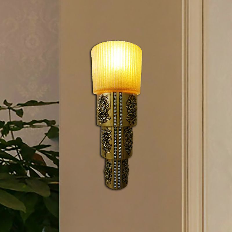 1 Light Wall Mounted Light with Cylinder Amber Glass Rustic Style Indoor Gold Finish Wall Lighting