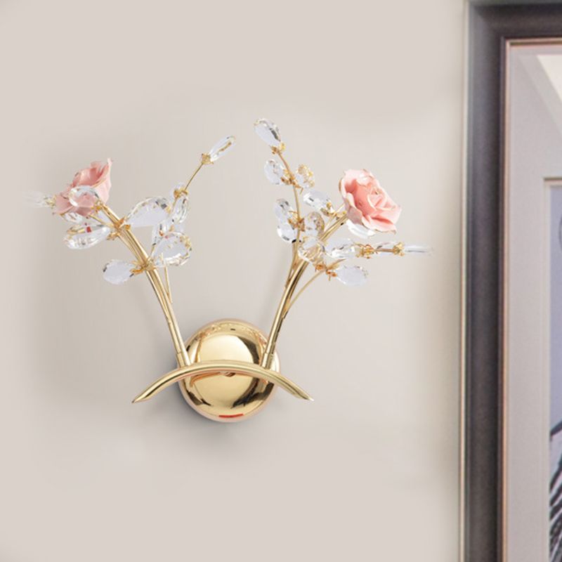 Branch Corridor Wall Lighting Contemporary Clear Crystal Raindrops 2 Heads Gold Wall Mount Lamp with Rose Design