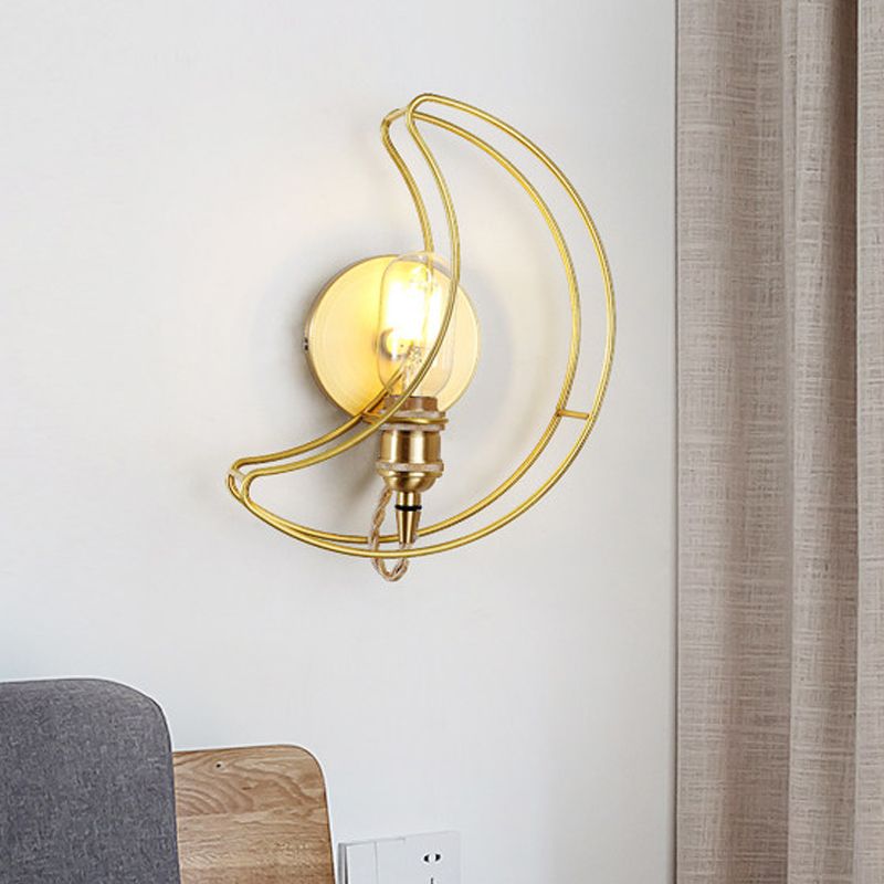 1 Light Wall Lighting with Moon Cage Shade Metal Loft Style Bedroom Sconce Light Fixture in Gold