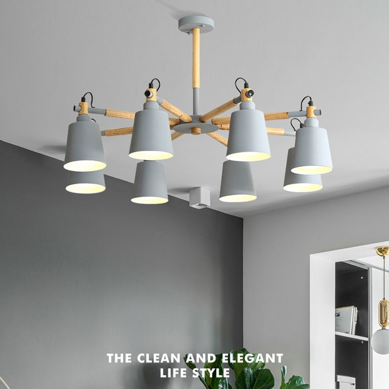 Wooden Sputnik Pendant Light in Nordic Style Wrought Iron Macaron Chandelier for Dining Room