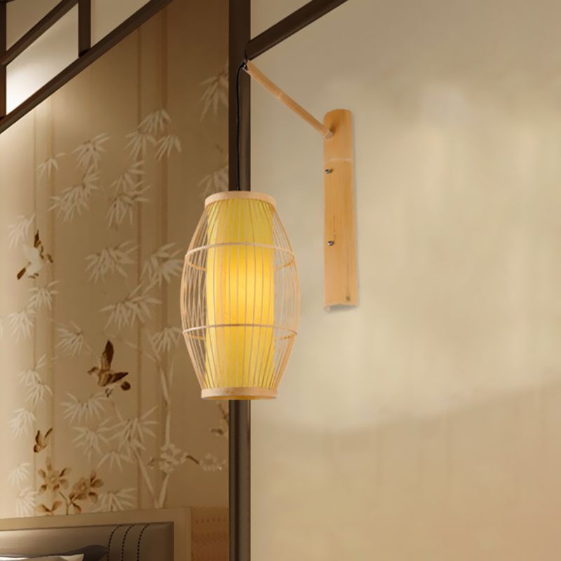 Asian Style Oblong Hanging Wall Light Bamboo 1 Bulb Bedroom Sconce Light Fixture in Beige
