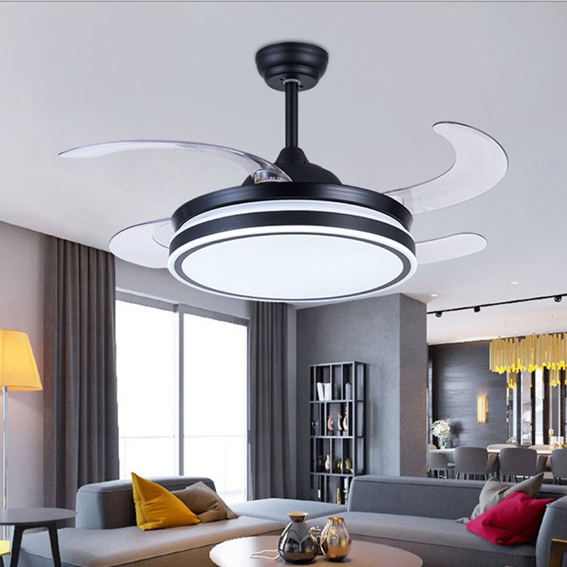 36 "W LED LED Accensione della ventola a ciondolo moderno Circle Metal 4 Blade Semi Flush Aitura del soffitto in nero, Remoto/Controllo a parete/Remoto e Controllo della parete