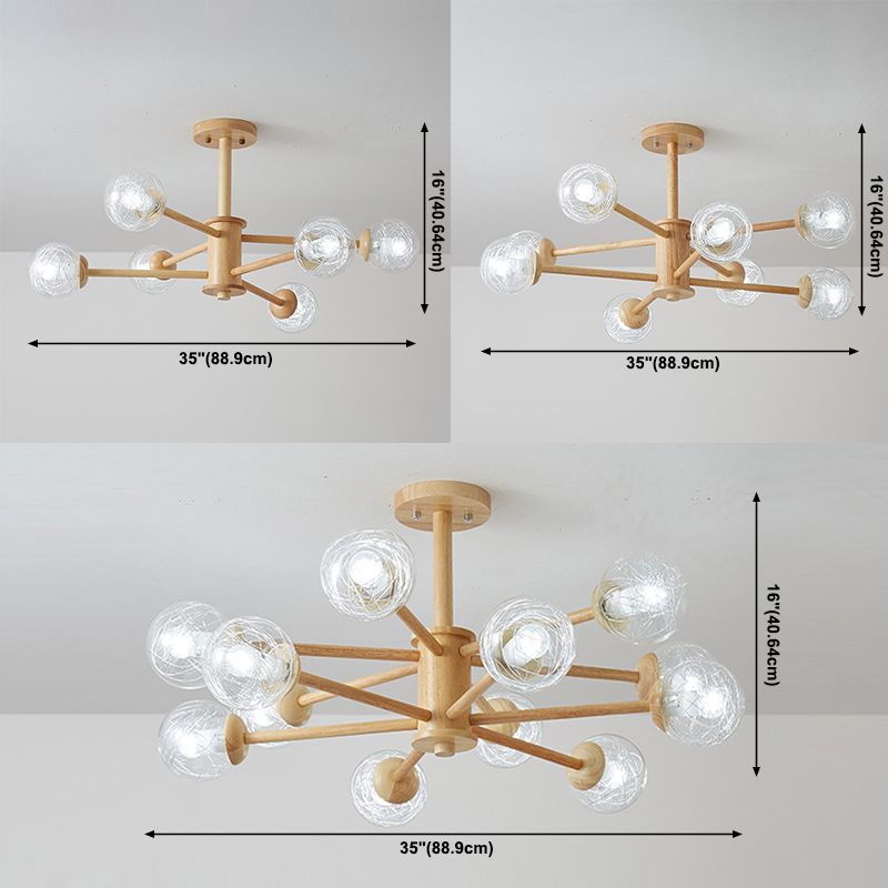 Creative Simple Style Wooden Chandelier Ceiling Hanging Light with Glass Shade
