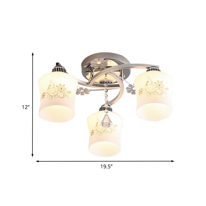 Patterned White Glass Cylinder Semi Flush Light Modernism 3-Head Spiral Close to Ceiling Lamp in Chrome