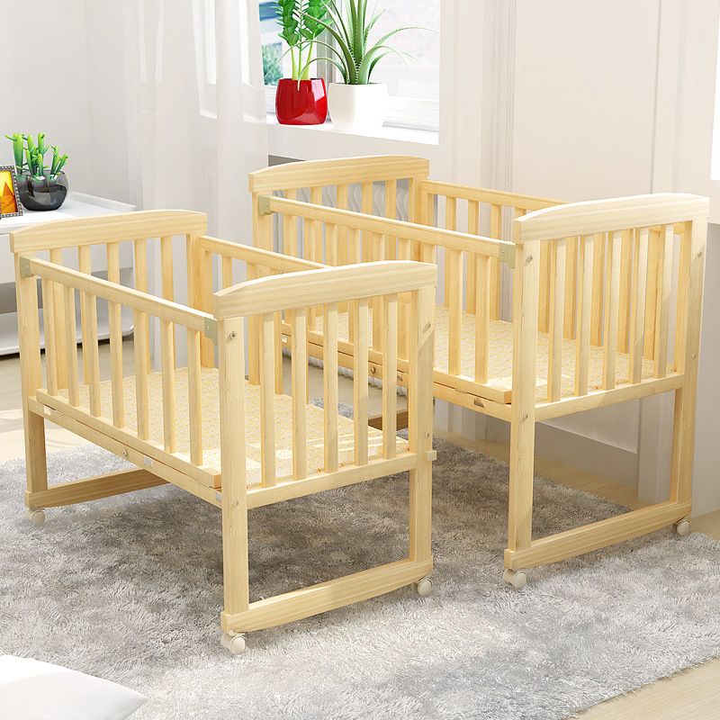 Farmhouse Pine Bed Solid Wood Baby Crib with Guardrails and Casters