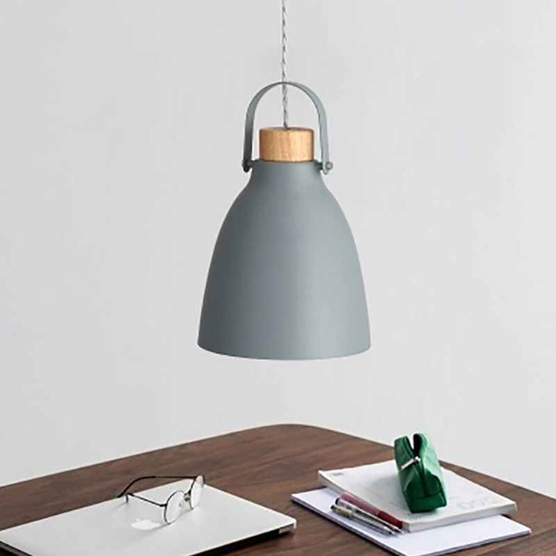 Flared Metal Down Lighting Contemporary 1 Head Grey Hanging Light Fixture with Wood Cap