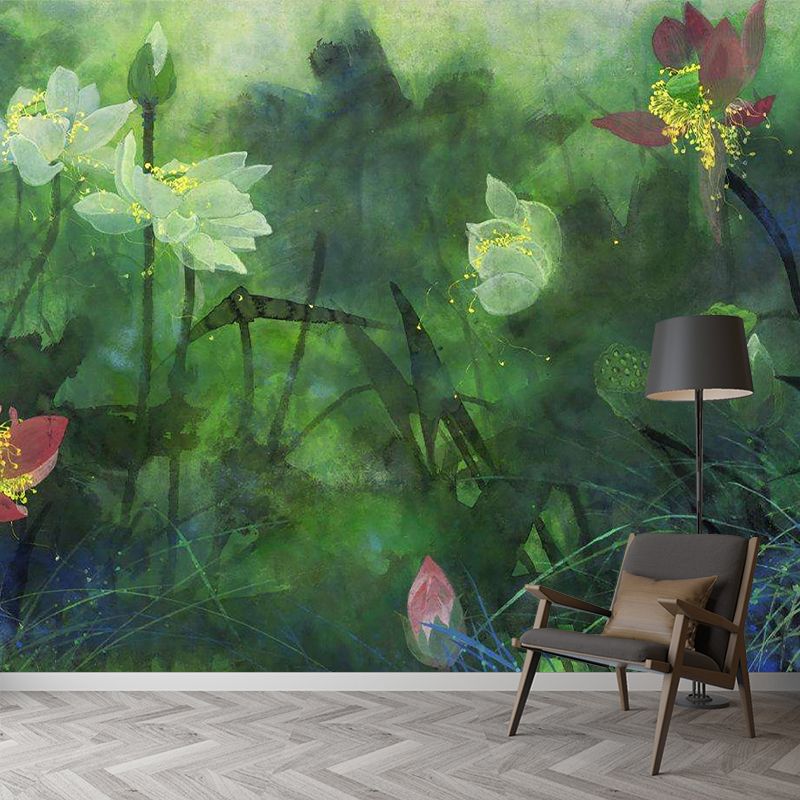 Modernist Flower Lotus Murals Decal Green Water Resistant Wall Art for Living Room