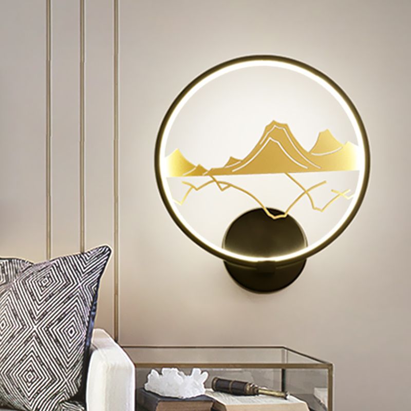 Black Circular Wall Mounted Light Fixture Asia Style LED Acrylic Wall Mural Lamp with Mountain Pattern